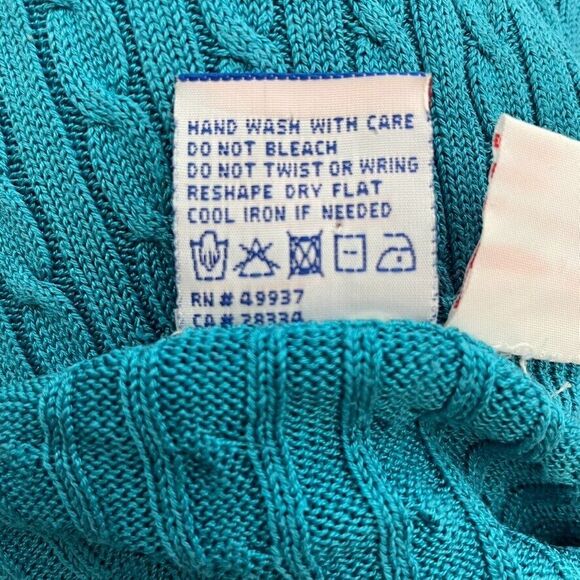 Vintage 90s Tail XL Teal Silk Cable-Knit Sweater Vest V-Neck Mother of Pearl - Picture 10 of 10
